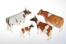 Ayrshire Beswick bull, cow and calf figures together with Guernsey bull (4).