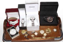 Silver pocket watch and collection of wristwatches.