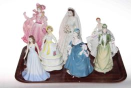 Two Royal Worcester figures QEII and Crinoline, three Coalport figures Rosalie, Victoria and Regina,