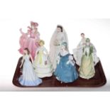 Two Royal Worcester figures QEII and Crinoline, three Coalport figures Rosalie, Victoria and Regina,