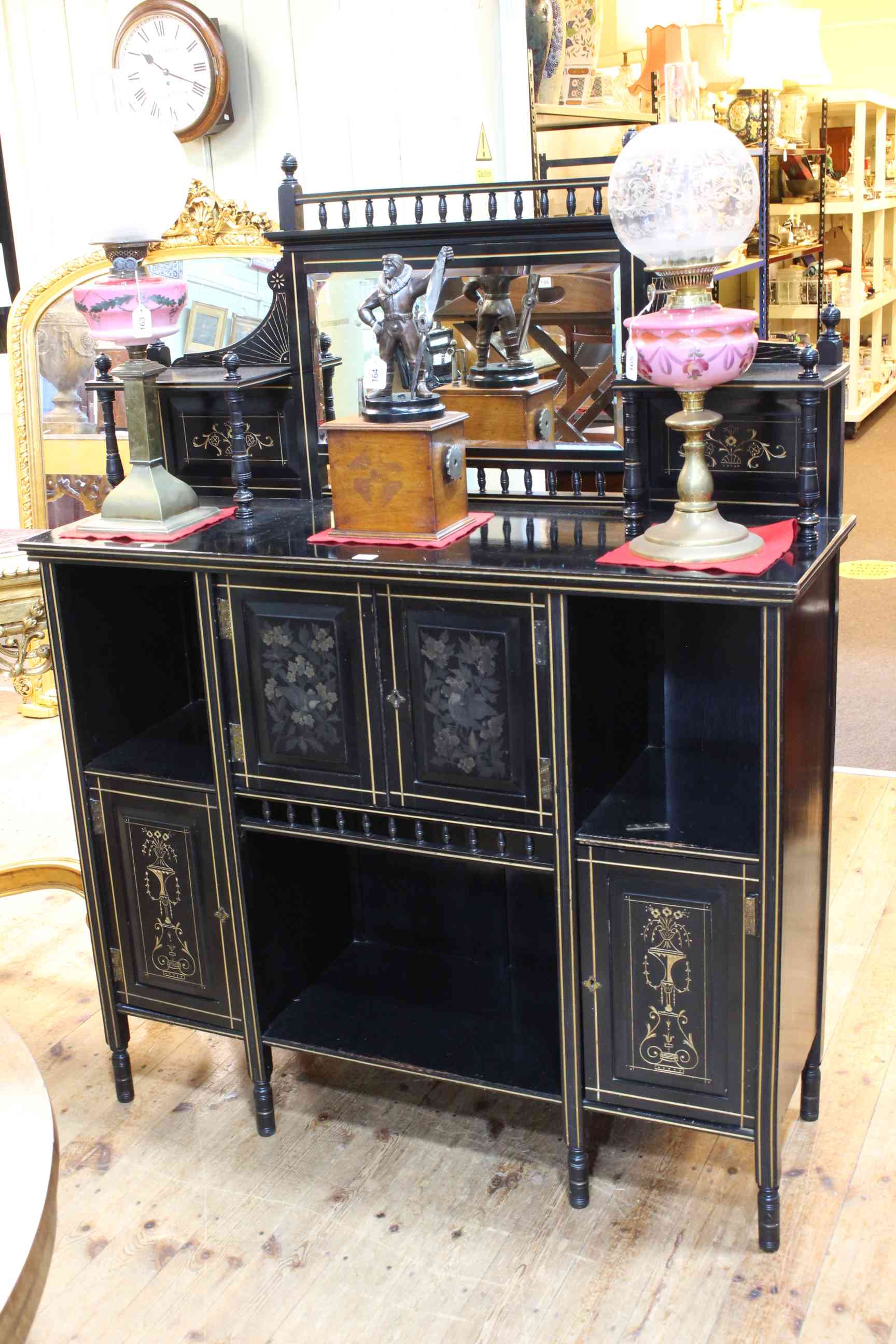 Victorian ebonised, gilt and floral painted mirror back parlour cabinet, 159 x 122 x 40cm.