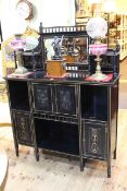 Victorian ebonised, gilt and floral painted mirror back parlour cabinet, 159 x 122 x 40cm.