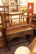 Jointed oak two drawer side table and open bookcase (2).