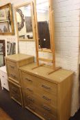 Contemporary oak finish five drawer chest, pair matching two drawer pedestal chests,