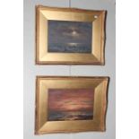 J F Slater, Moonlit Seascapes, pair of oils, one signed, 23 x 34cm, in gilt glazed frames.