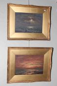 J F Slater, Moonlit Seascapes, pair of oils, one signed, 23 x 34cm, in gilt glazed frames.