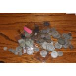 Tin of coinage housing Roman coins, pre 1947 silver coinage (approx 670g) including half crowns,