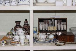 Canteen of cutlery, Victorian inlaid wooden box, firescreen, vases, meat plates, vanity set, etc.