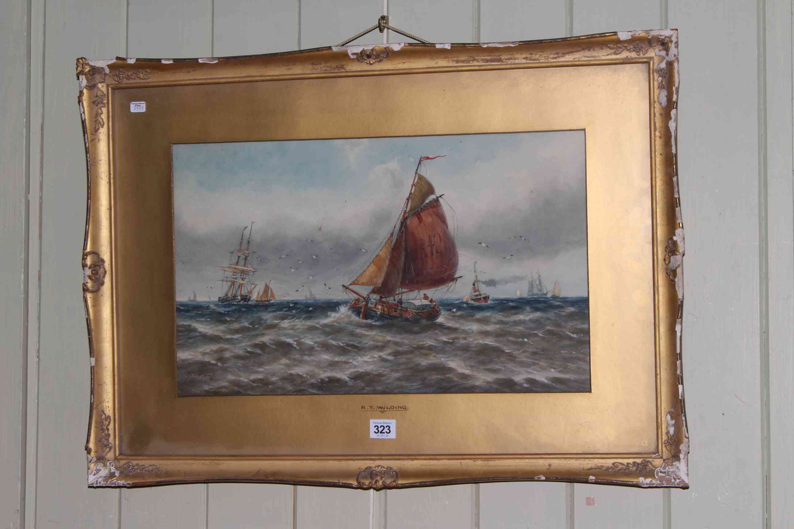 R T Wilding, Vessels at Sea, watercolour, signed lower left, 29.5 x 49.5cm, in gilt glazed frame.