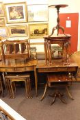 Mahogany four-division Canterbury, two drawer bow front side table, two drawer sofa table,