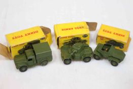 Three Dinky toys Scout Car 673, Armoured Car 670 and Army one ton Cargo Truck 641.