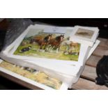 Large collection of unframed Alderson prints including The Harvesters, Shire Horses, Mice etc.