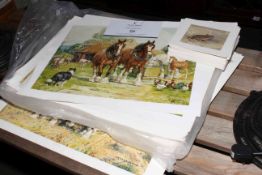 Large collection of unframed Alderson prints including The Harvesters, Shire Horses, Mice etc.