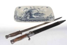 Victorian meat plate and two bayonets one with scabbard (J.