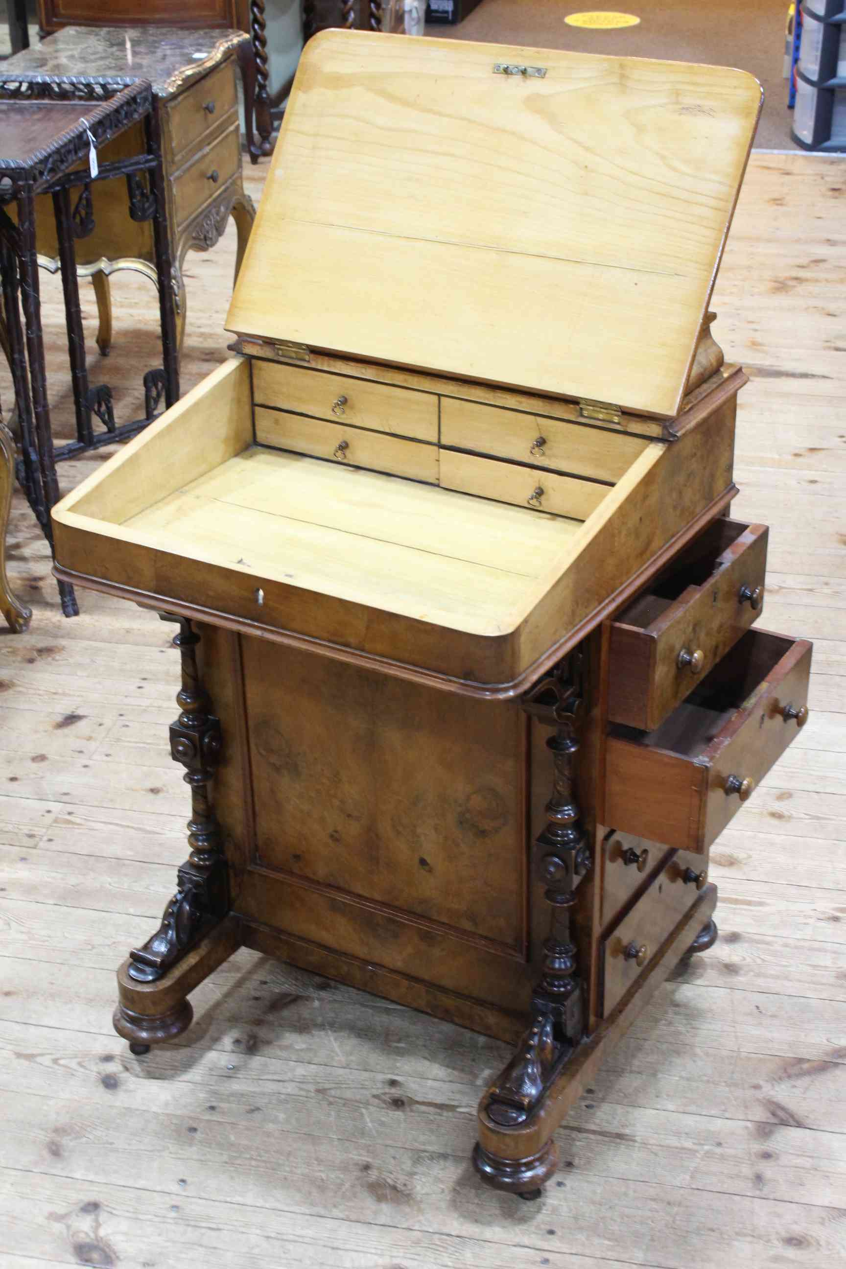 Victorian figured walnut davenport fitted with stationery compartments and four side drawers, - Image 3 of 4