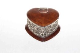 Edwardian heart shaped mahogany and silver bound lidded box, bearing makers mark for William Comyns,