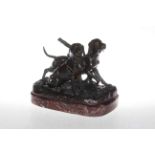 Bronze sculpture of a pair of gun dogs, mounted on a marble base, 21cm by 31cm.