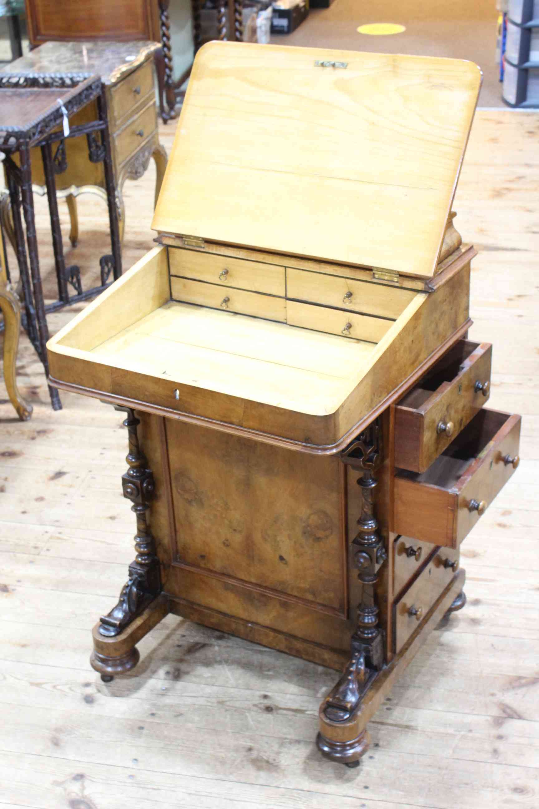 Victorian figured walnut davenport fitted with stationery compartments and four side drawers, - Image 2 of 4