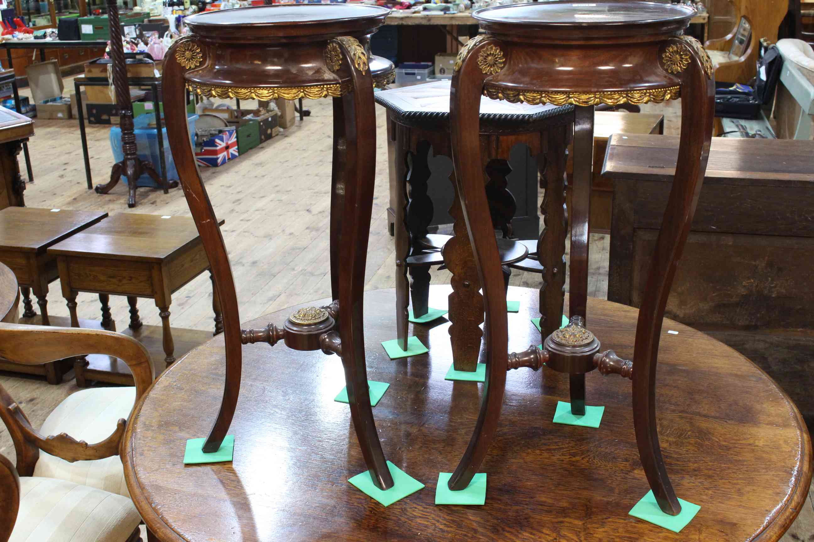 Pair Continental gilt mounted circular jardiniere stands, 66cm by 28cm diameter.