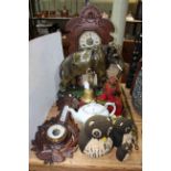 Clapping vintage monkey toy, pot elephant, barometer, owl soft toys, carved wood mantel clock, etc.