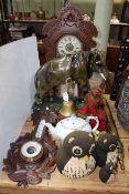 Clapping vintage monkey toy, pot elephant, barometer, owl soft toys, carved wood mantel clock, etc.