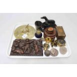 Tray lot with fossils, cherub carved piece, metal greyhound and figure, sundial, barometer, etc.