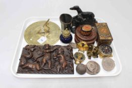 Tray lot with fossils, cherub carved piece, metal greyhound and figure, sundial, barometer, etc.