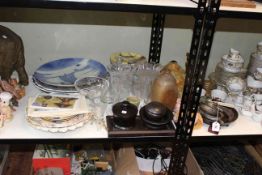 Collection of chargers, plates,Chad Valley teddy bear, coin covers, glass, doll, etc.