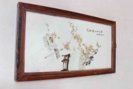 Chinese porcelain plaque decorated with planter, blossom and writing material, 34cm by 17cm,