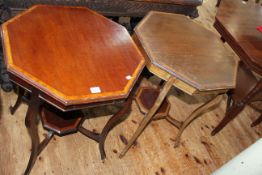 Pair octagonal mahogany and line inlaid occasional tables, 69cm by 54cm by 54cm.