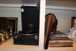 Wind-Up gramophone, stool, mantel clock, mirror, records, etc.