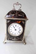 Silver and tortoiseshell boudoir mantel clock, having silver inlay decorations to tortoiseshell,