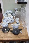 Quantity of pottery teapots, glass decanters, etc.