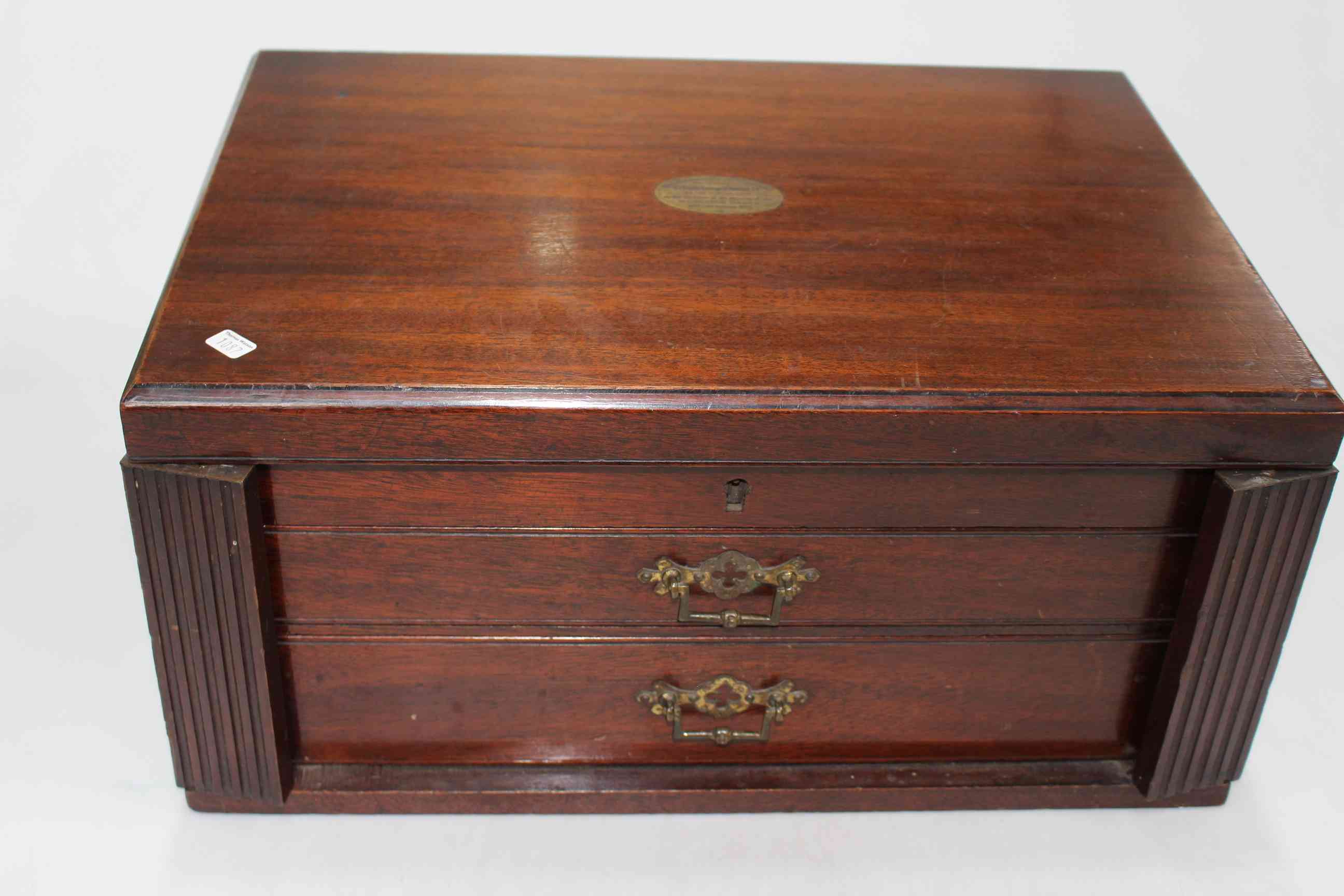 Mahogany two drawer cutlery cabinet, 48cm by 34cm by 23cm.