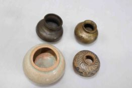 Four small Chinese urns, pottery and bronze, largest 6cm.