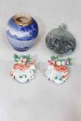 Pair small Staffordshire goats, Royal Doulton flo blue vase, and glass flask (4).