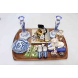 Tray lot with Spode candlesticks, pickle leaf, two tiles, Gouda jug, clogs, ornaments, scent, etc.