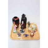 Three Royal Worcester figures, three Bunnykins figures, Josiah Wedgwood figure, Carlton trial vase,