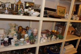 Collection of Oriental wares, meat plates, Royal Doulton owl figurines, Nao ducks, prints, mirror,