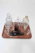 Pair of engraved goblets, three decanters, greyhound sculpture, etc.