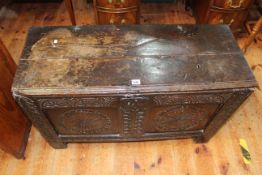 Antique carved oak double panel front coffer, 58cm by 93cm by 38cm.