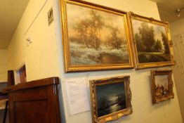 Four highly decorative gilt framed paintings including a work by M.