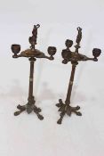 Pair French bronze three branch candelabra, with fluted columns and figure finial, 37cm.