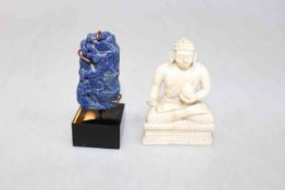 Antique Chinese ivory Buddha, 7cm, and Lapis bird and foliage carving on stand, 7cm.