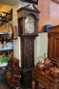 Antique carved oak triple weight longcase clock having arched moon phase dial, Robert Murray,
