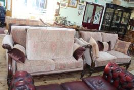 Barker & Stonehouse pair mahogany framed two seater settees and footstool.