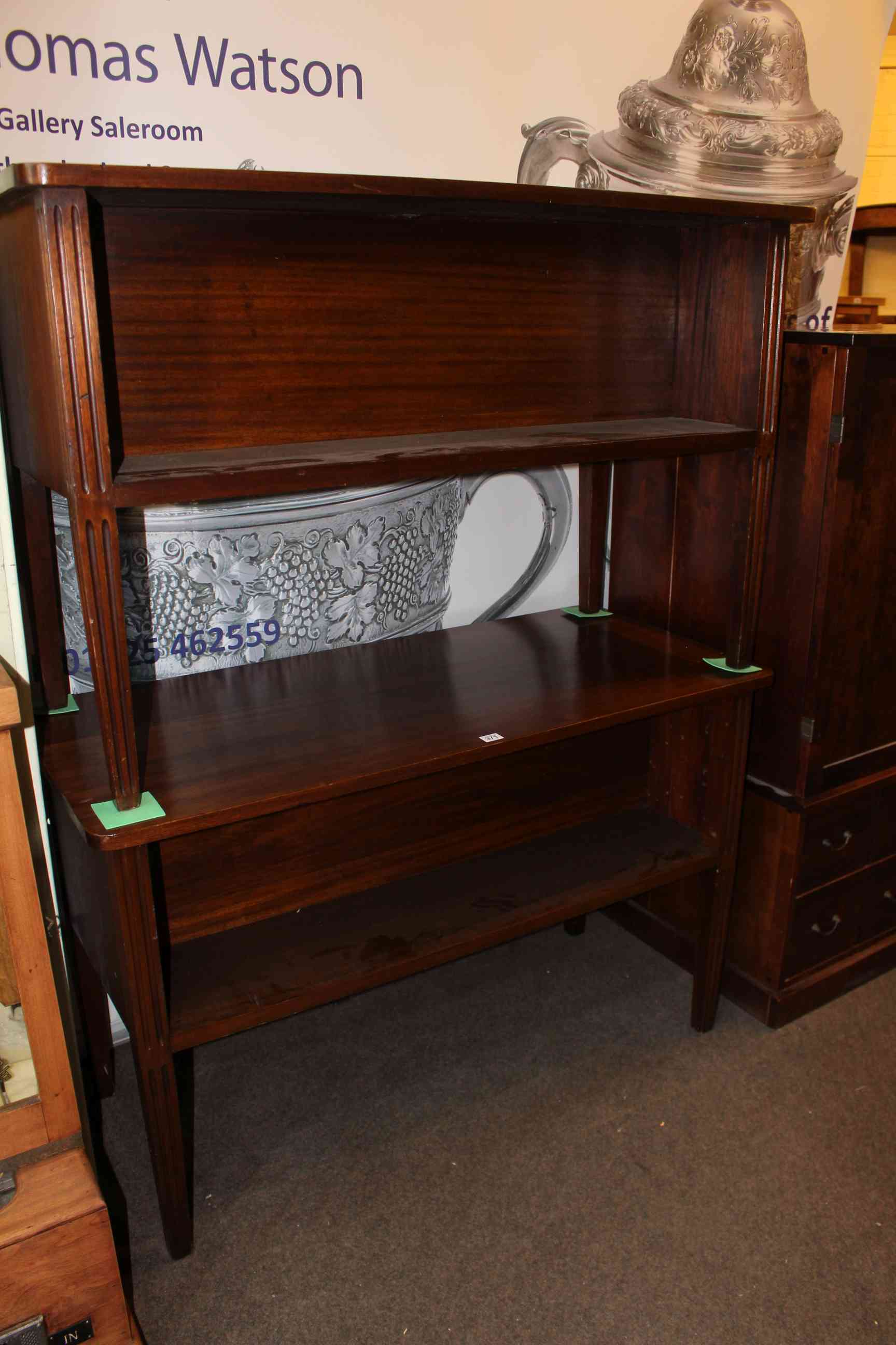 Pair mahogany library book stands, 77cm by 120cm by 55cm.