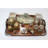 Tray lot with small Buddha's, two brush pots and brass inkstand.