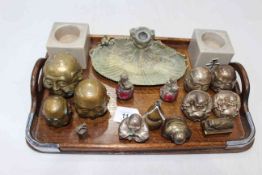 Tray lot with small Buddha's, two brush pots and brass inkstand.