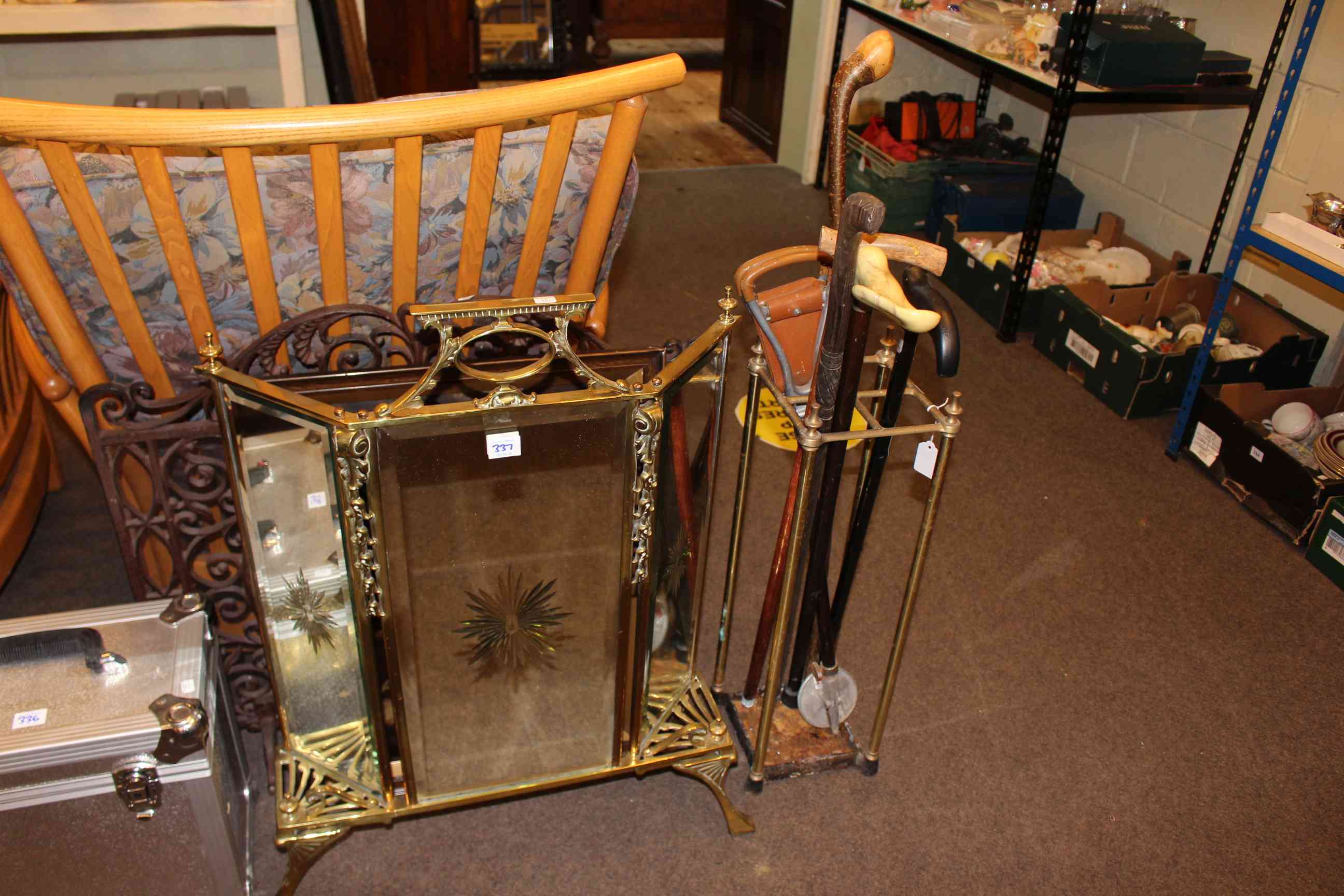 Edwardian brass and mirror panelled fire screen, wrought iron fire screen, chrystoleum,